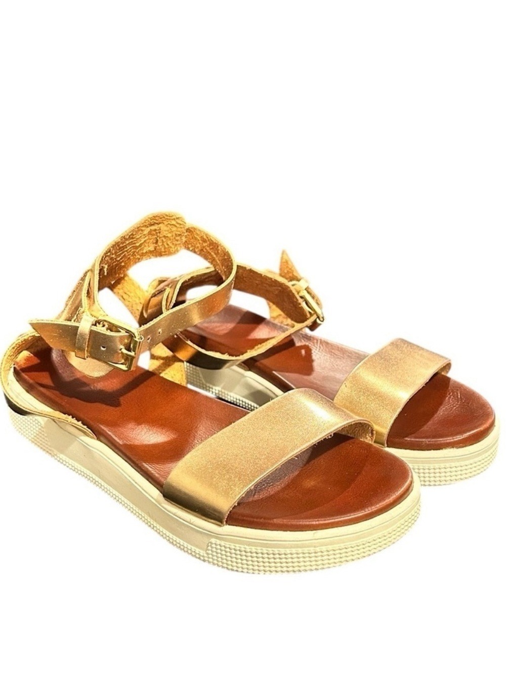 MIA Ellen Round Toe Ankle Straps Platform Lugged Sole Rose Gold Sandals W7 VGC
